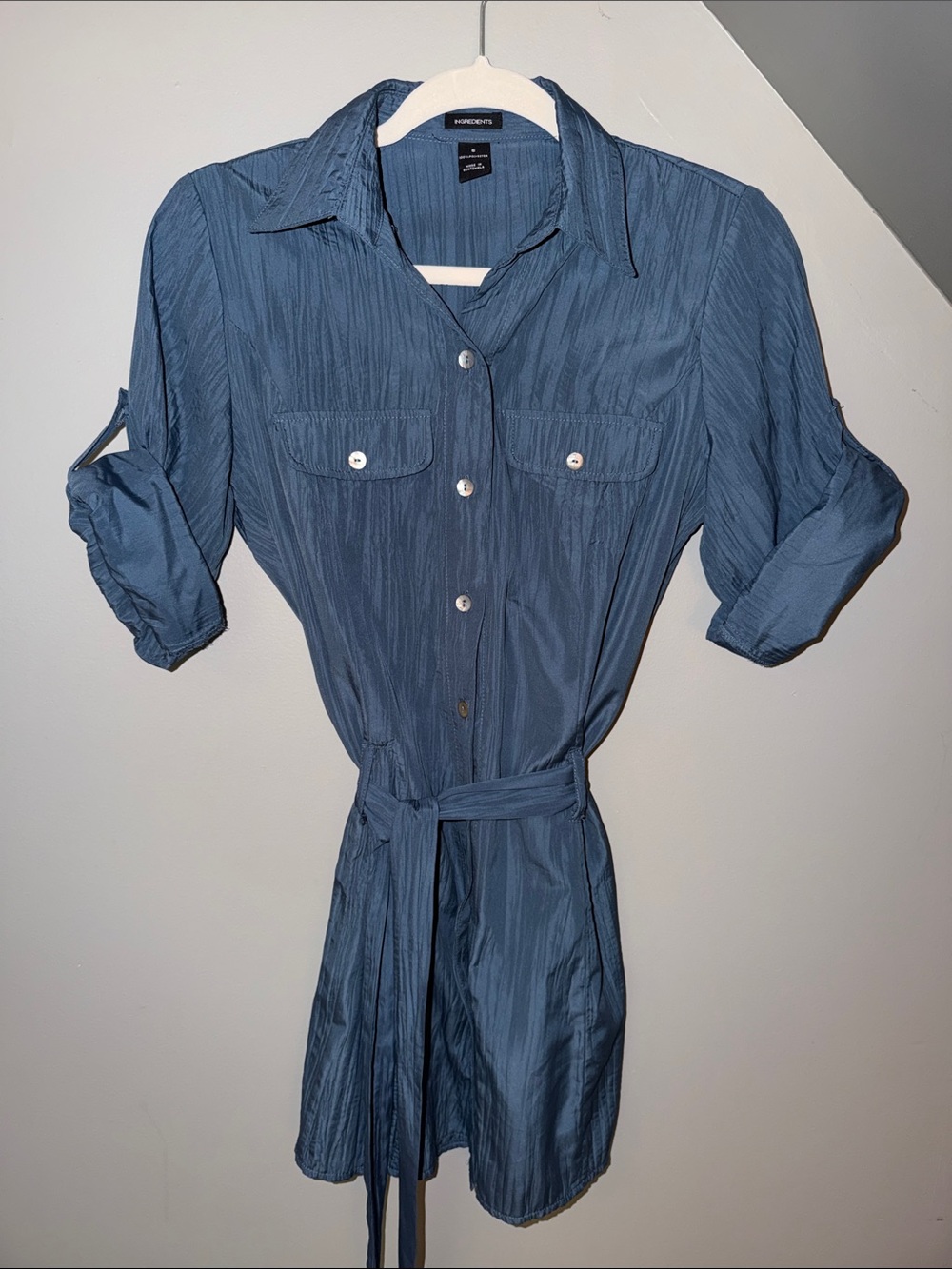Ingredients Slate Blue Button-Up Shirt Dress with Tie